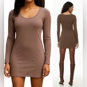 Aritzia Wilfred Free Long Sleeve Mini Bodycon Stretch Nude Taupe Brown Dress S